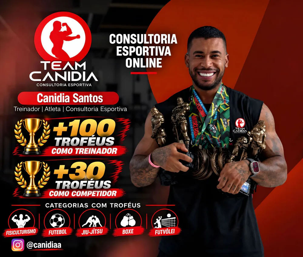 Arte oficial do Team Canidia: mais de 100 troféus como treinador e mais de 30 como competidor, em fisiculturismo, futebol, jiu-jítsu, boxe e futvôlei