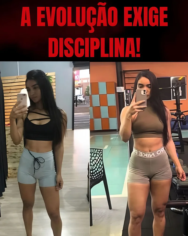 Antes e depois de aluna com ganho de massa muscular